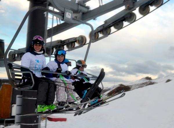 First on the chairlift for 2013 at Coronet Peak were (L to R) Tania Bryant, Cougar Bryant (10), Tristan Bryant (6) (obscured) and Tallulah Bryant (8).